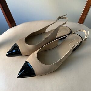 M. Gemi tan and black pointed toe slingback flats